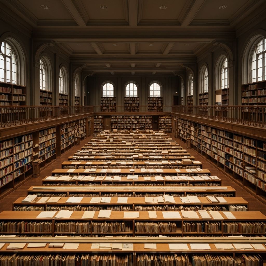 Interior of institutional archive showing rows of organized documents and books with warm ambient lighting and deep shadows suggesting scholarly authority and permanent knowledge repository