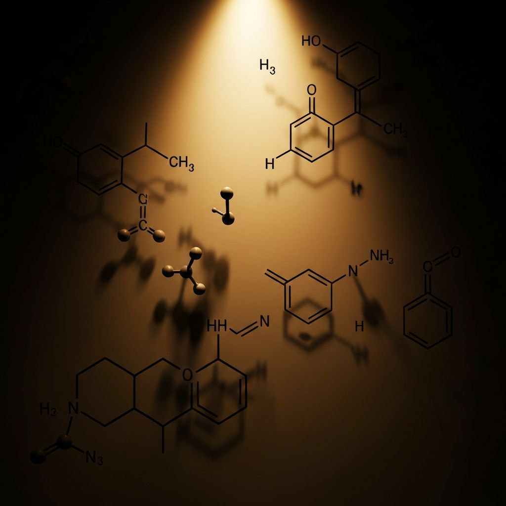 Abstract scientific illustration of glucose molecules and carbohydrate structures shown through geometric patterns suggesting molecular bonds with warm directed lighting