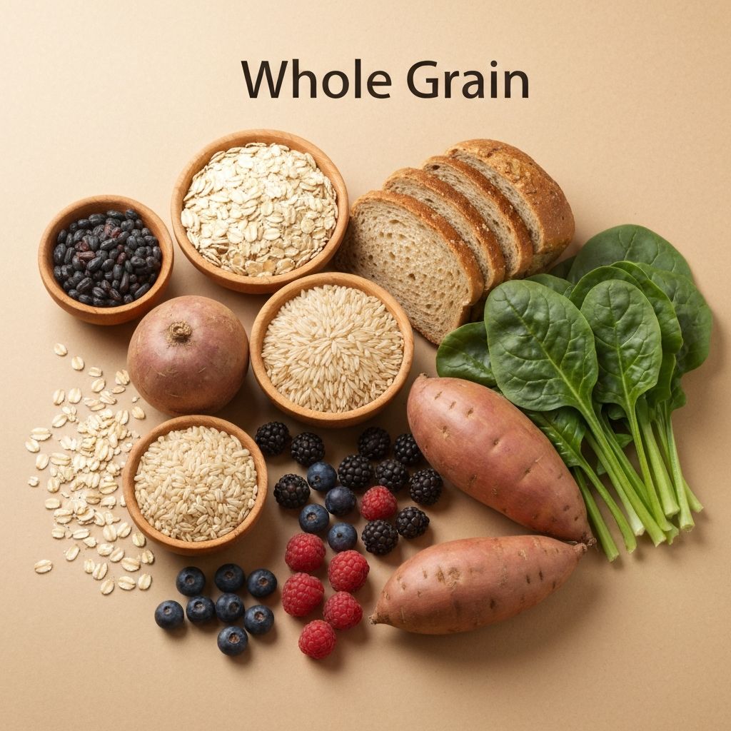Composition of whole grains and complex carbohydrate sources including oats, brown rice, bread, potatoes, berries, and leafy greens with warm lighting