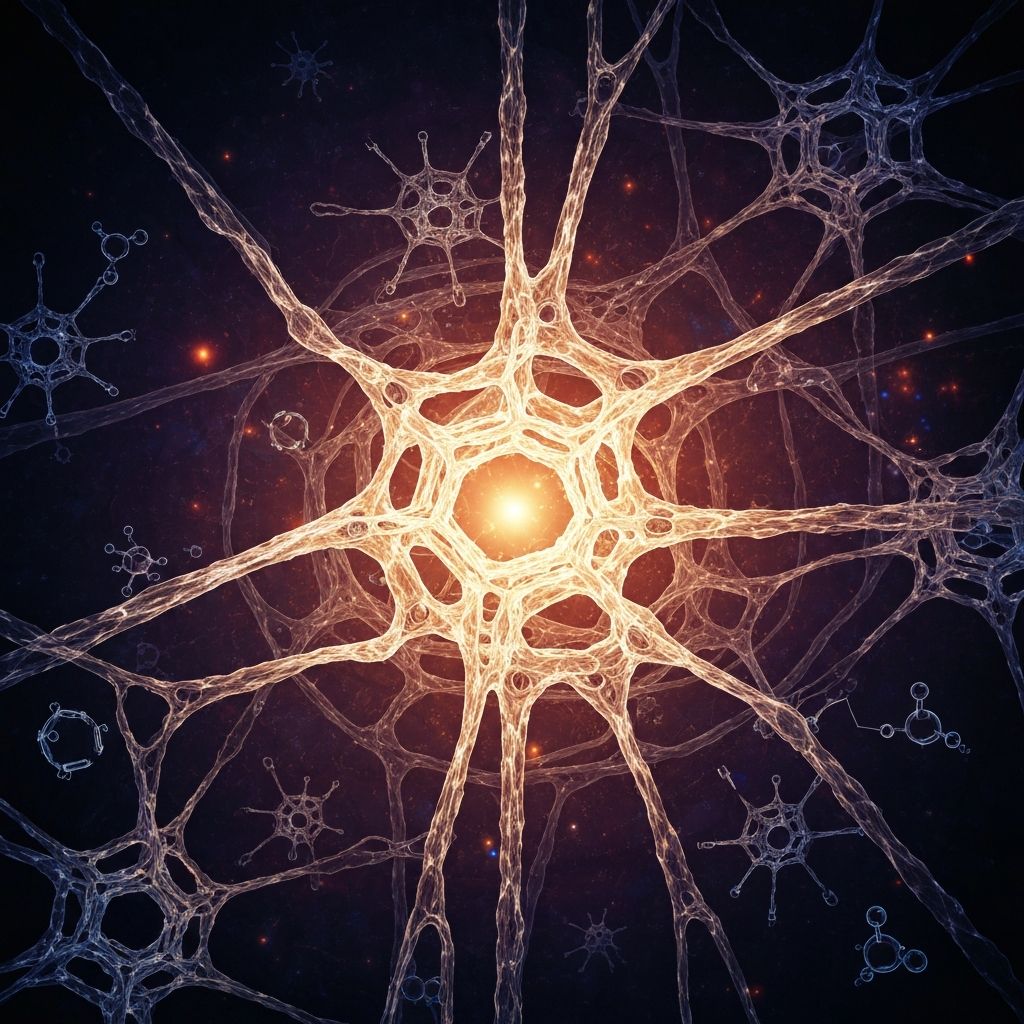 Abstract visualization of energy molecules and metabolic pathways depicted through stylized cellular structures and energy flow with warm light and deep tones