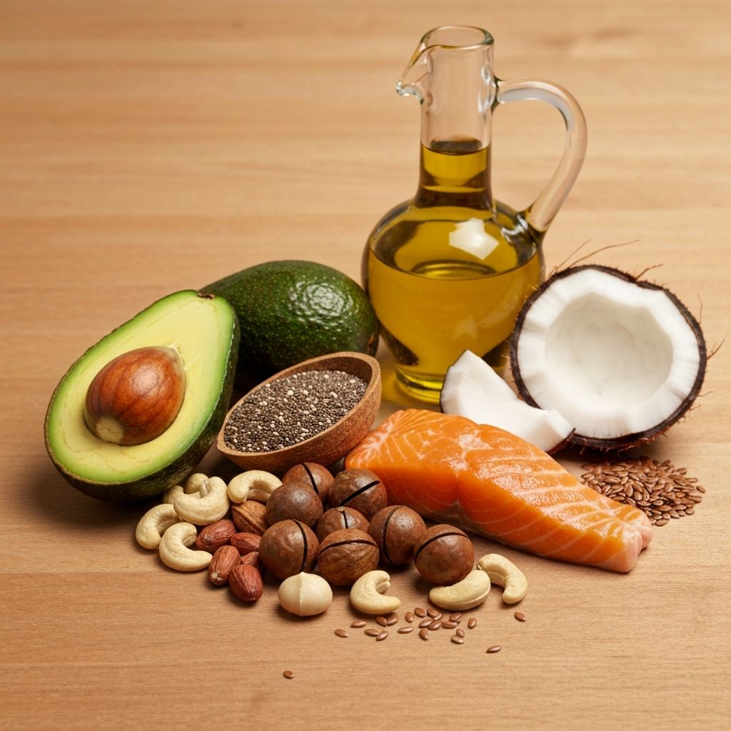 Arrangement of healthy fat sources including avocado, nuts, seeds, olive oil, coconut, and fish displayed with warm natural lighting