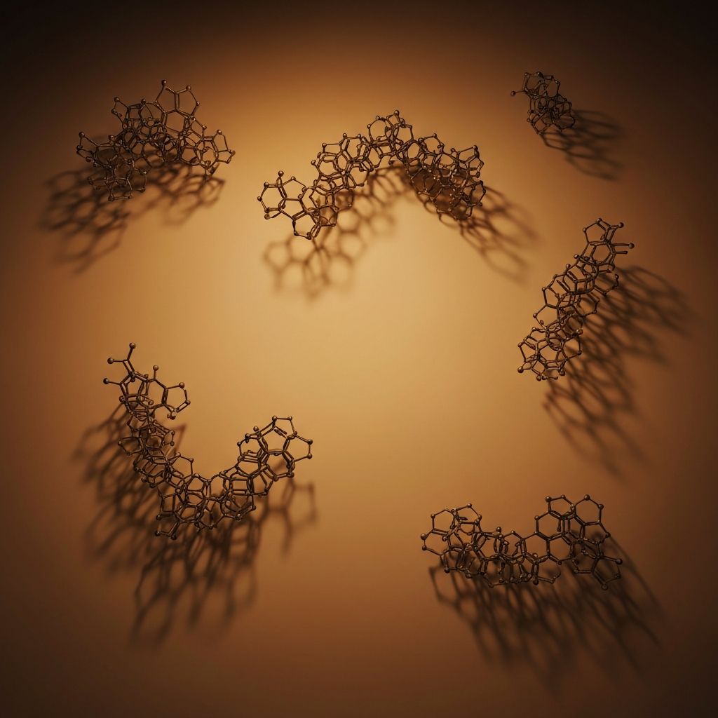 Abstract scientific visualization of protein molecules and amino acid chains shown as 3D molecular structure with warm lighting and deep shadows